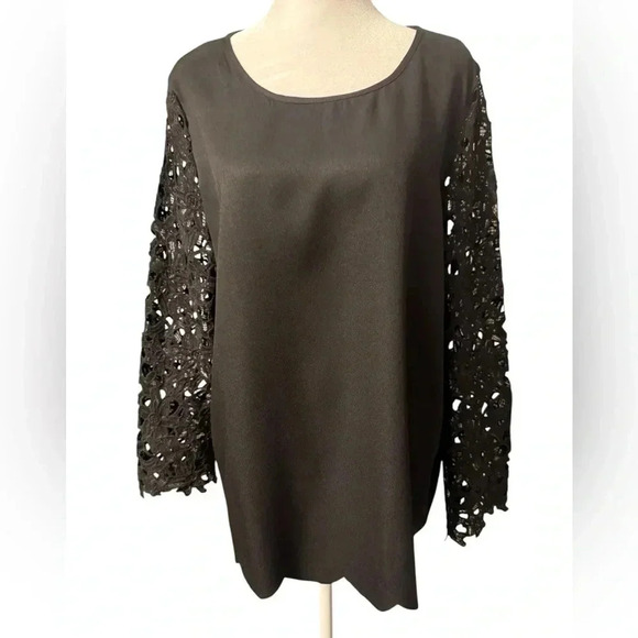 Emery Rose black long sleeve top with scalloped hem sleeves are an open weave - Picture 1 of 8
